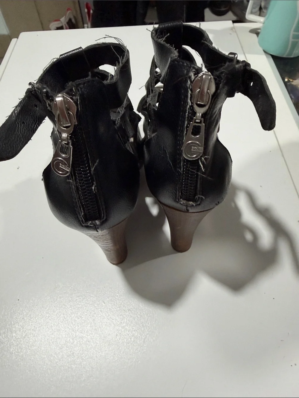 Guess Black Leather Strappy Wedge Sandals with Wood-Effect Platform